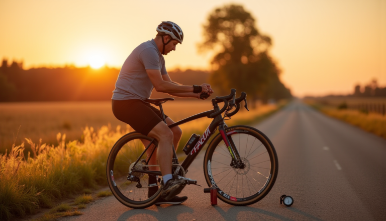 Coureur sur route rurale vérifiant matériel et données
