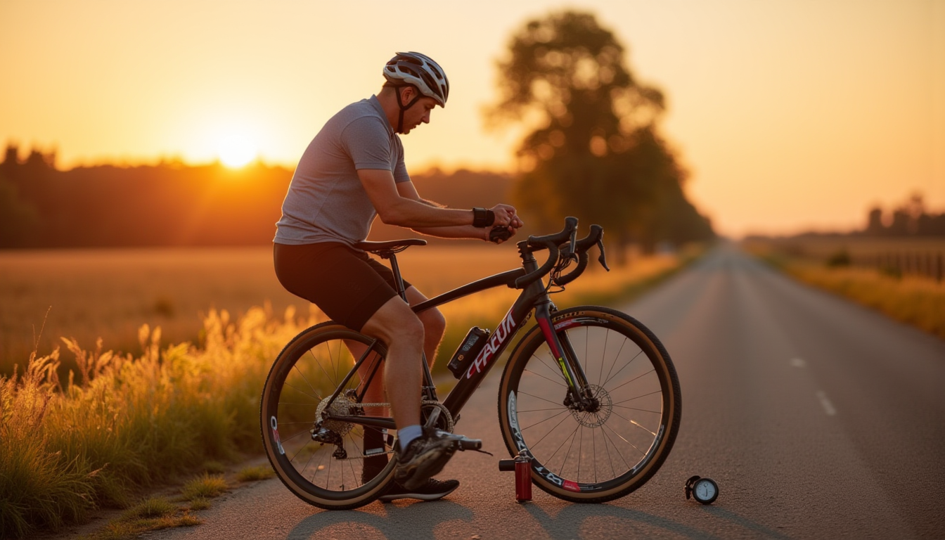 Coureur sur route rurale vérifiant matériel et données