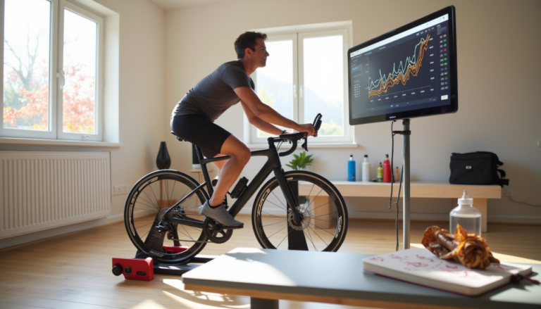 Cycliste en intérieur sur home-trainer consultant des données