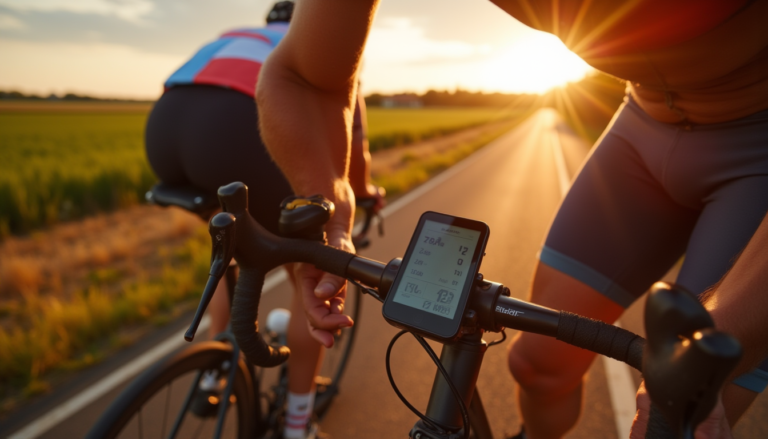 Cycliste vérifiant les données et ajustant la selle sur une route rurale à la lumière dorée