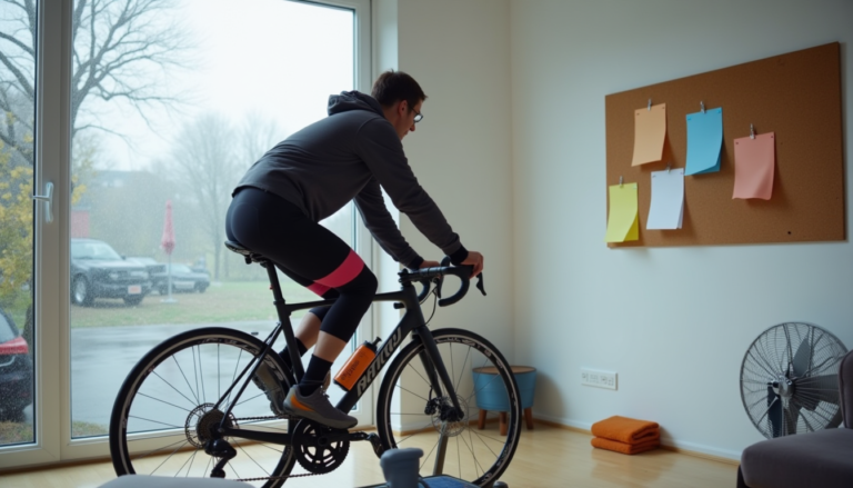 Cycliste sur home trainer en intérieur face à une fenêtre pluvieuse.