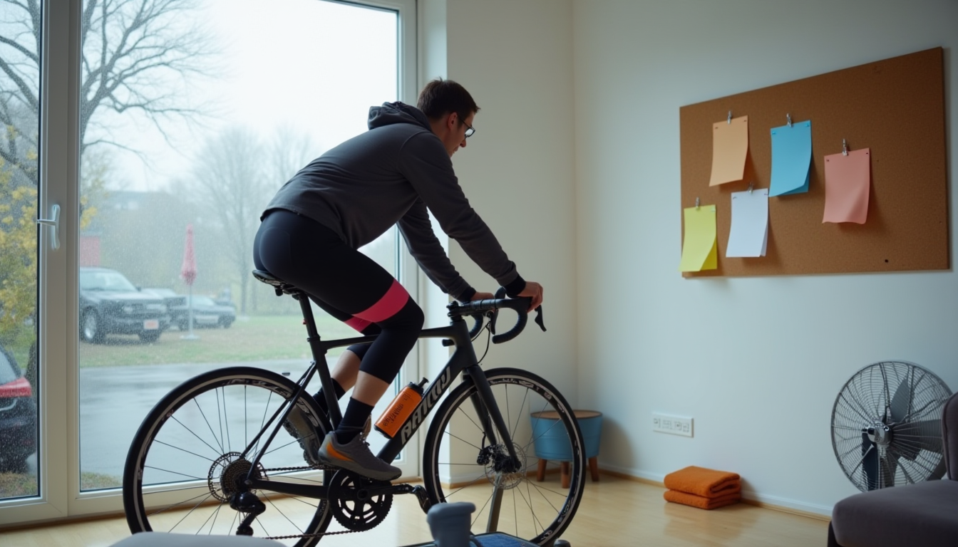 Cycliste sur home trainer en intérieur face à une fenêtre pluvieuse.