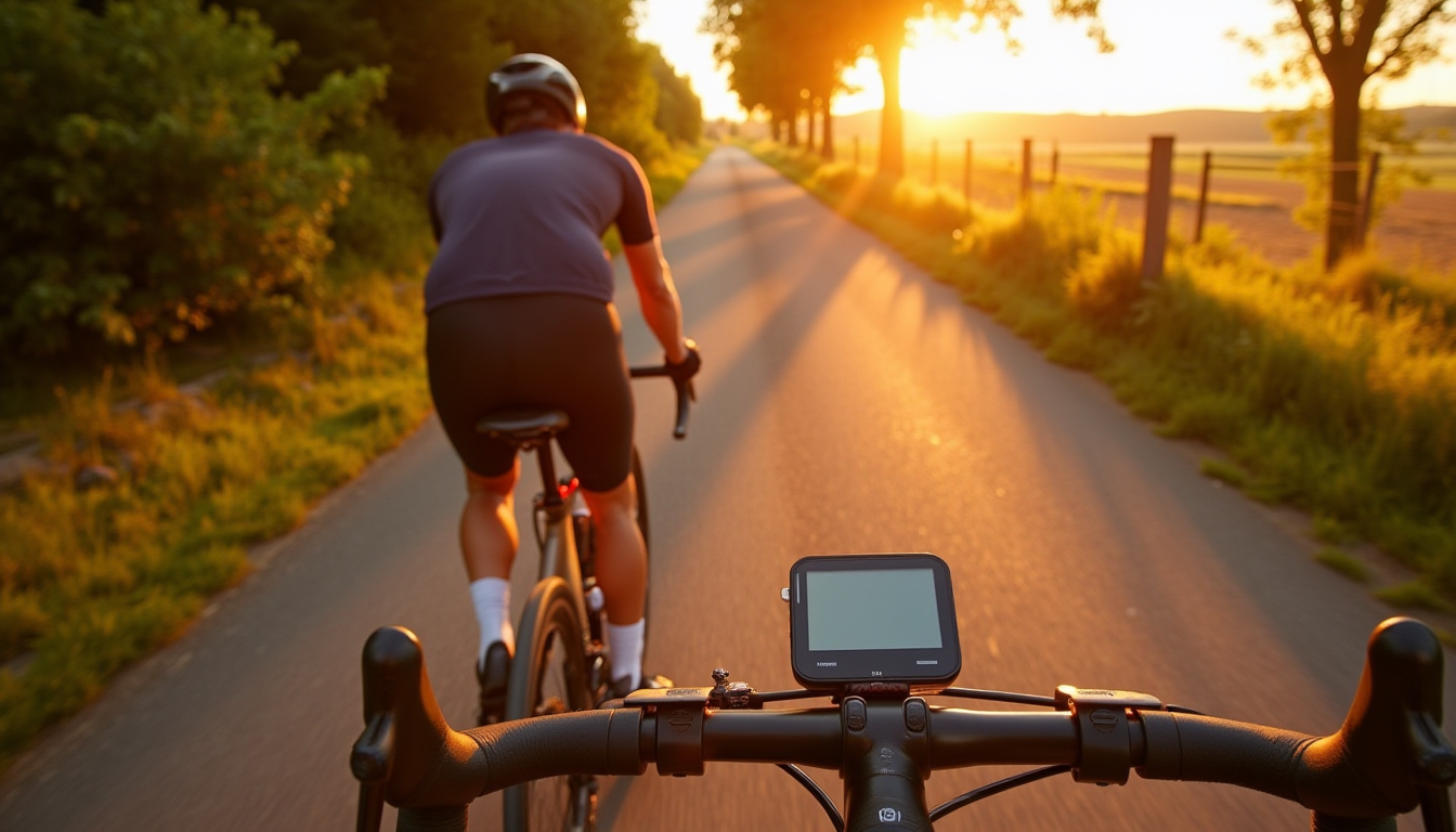 Cycliste en sortie longue sur route rurale au coucher du soleil.