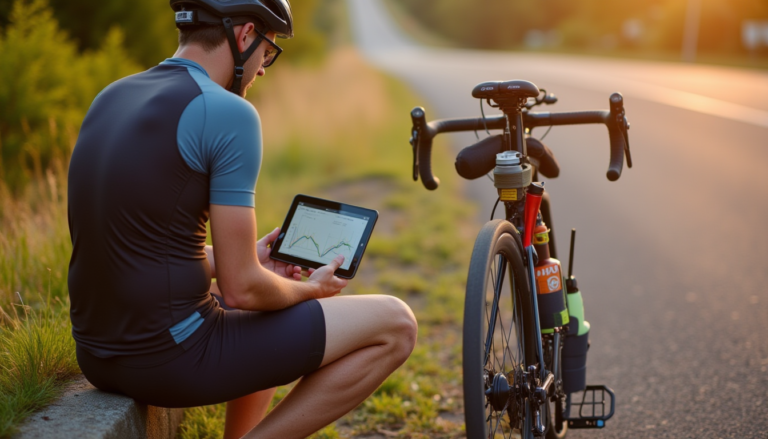 Coureur cycliste analyse des données et ajuste son matériel lors d'une longue sortie