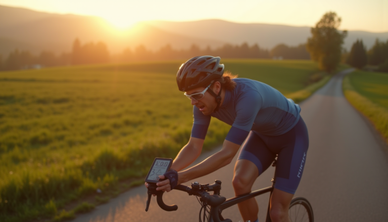 Coureur cycliste vérifiant des données lors d'une longue sortie sur route