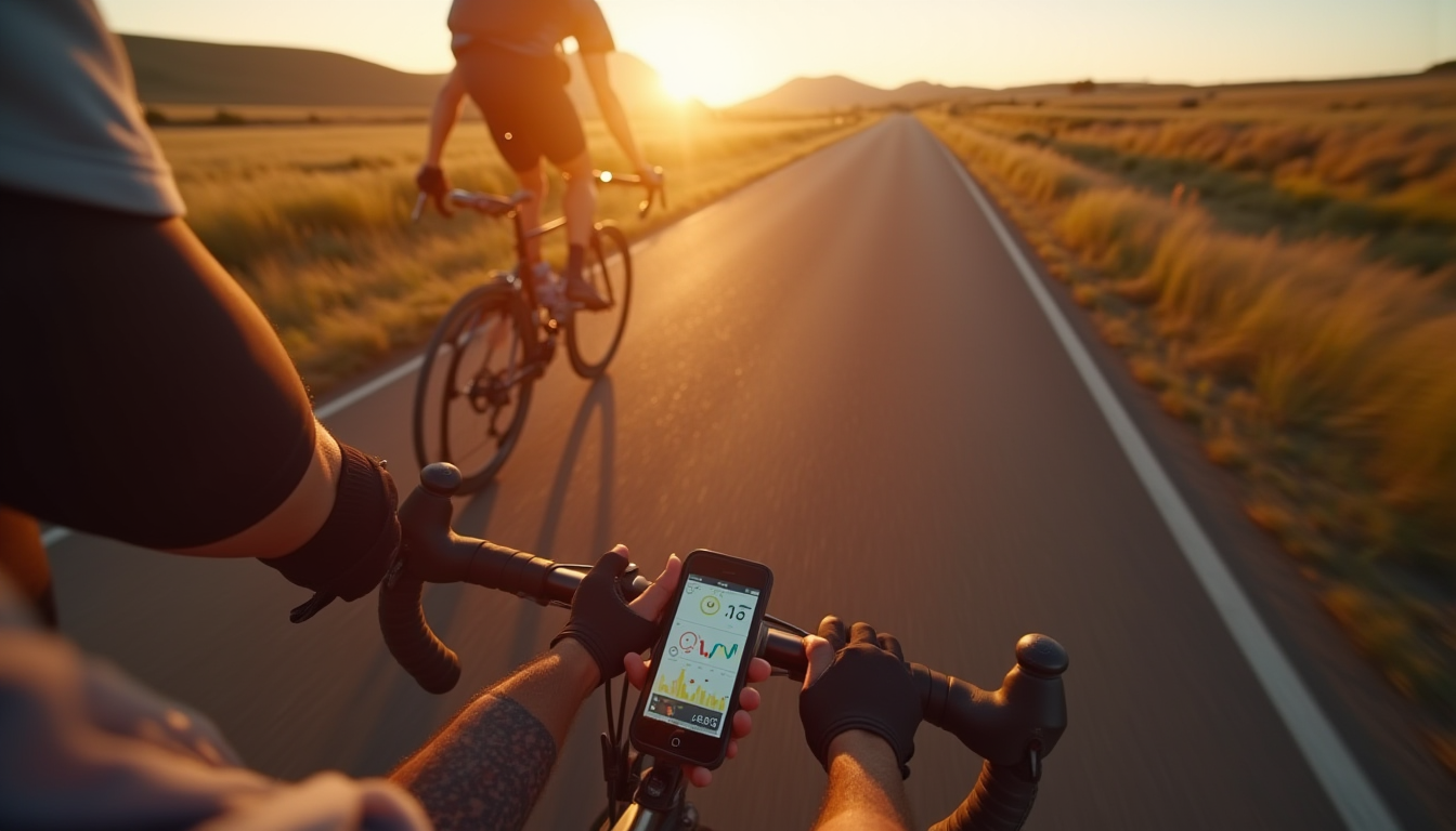 Coureur à vélo sur route rurale au coucher du soleil avec affichage de données sur le guidon