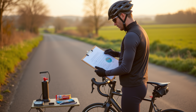 Cycliste prêt pour une longue sortie, analyse des données et équipement