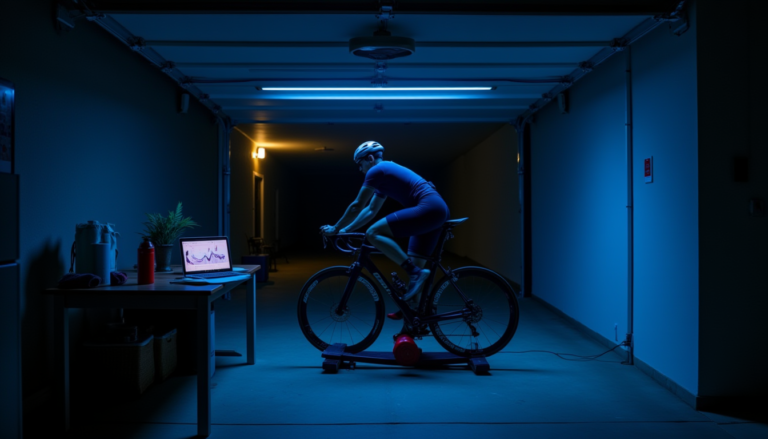 Cycliste sur trainer intérieur dans un garage sombre, données abstraites affichées.