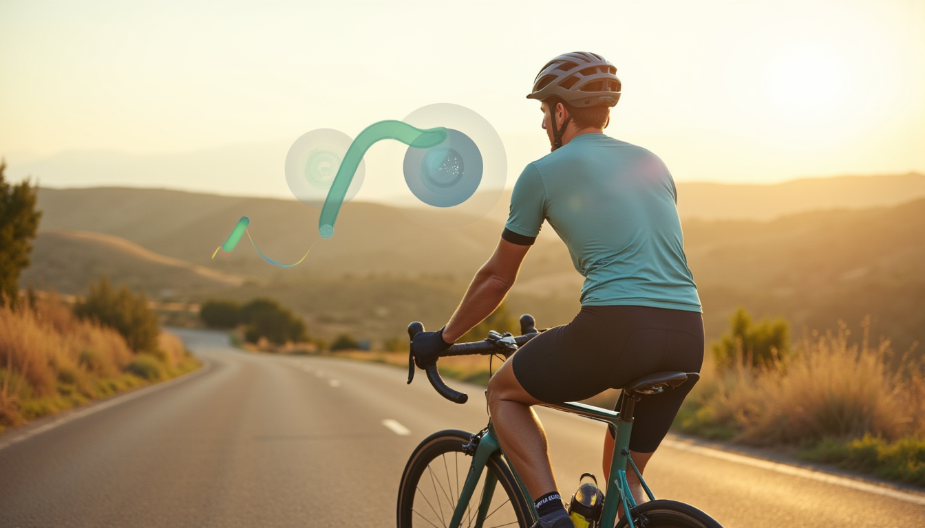 Cycliste sur route longue en campagne vallonnée avec visualisation de données abstraite
