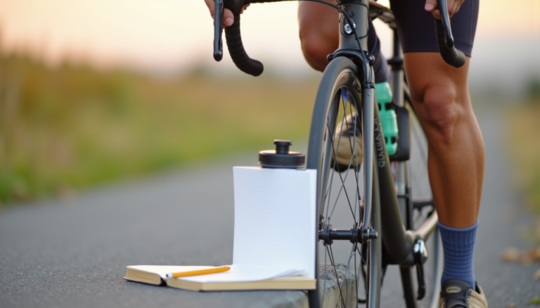 Mains sur guidon avec carnet vide et bouteille à côté, planification d'une sortie longue.