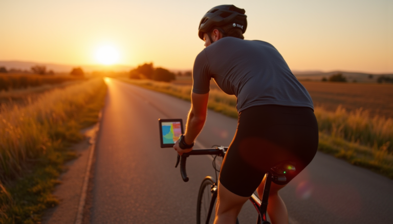 Cycliste en route observant les données sur le guidon lors de l'heure dorée