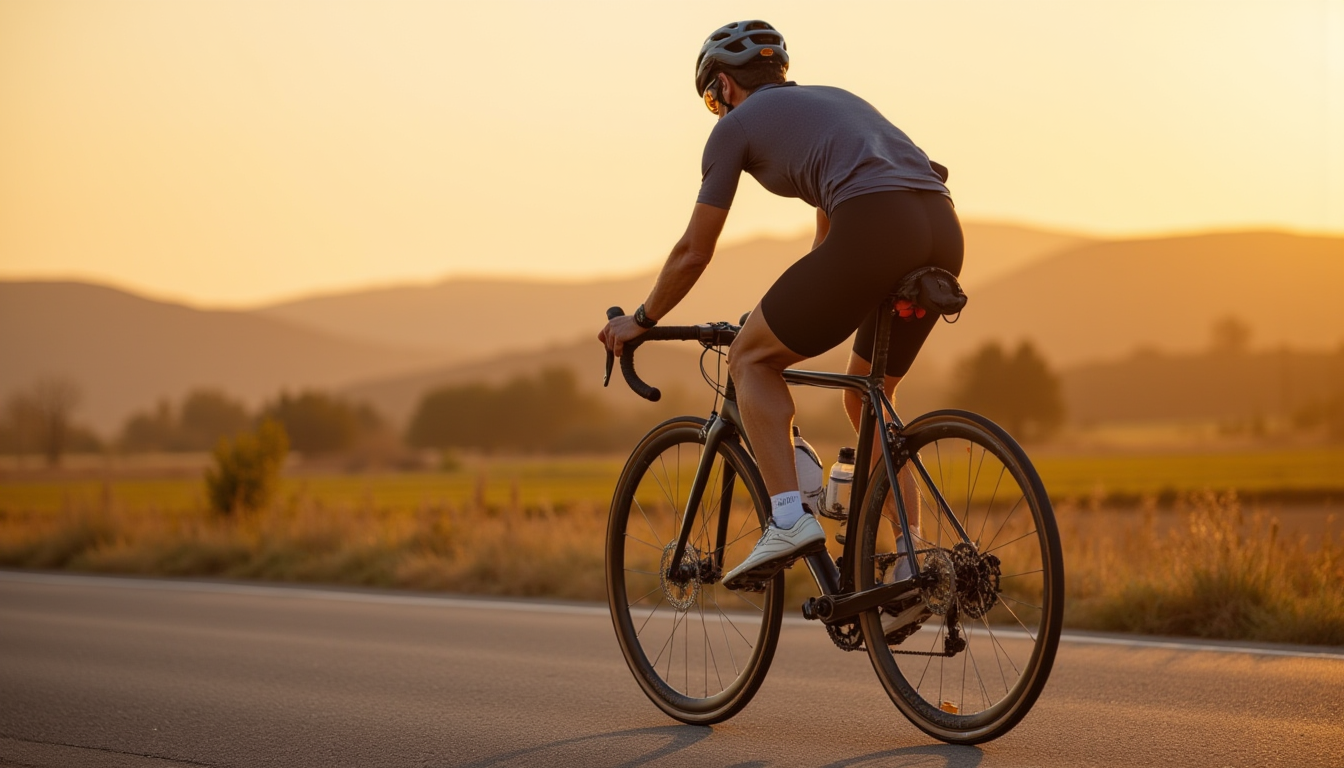 Cycliste sur route rurale avec matériel durable et selle confortable.