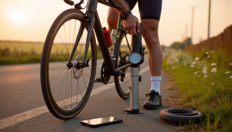 Rider ajustant le matériel et vérifiant les données lors d'une pause sur route