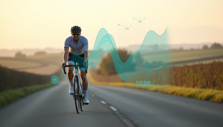 Cycliste sur route longue avec visualisation de données abstraites autour