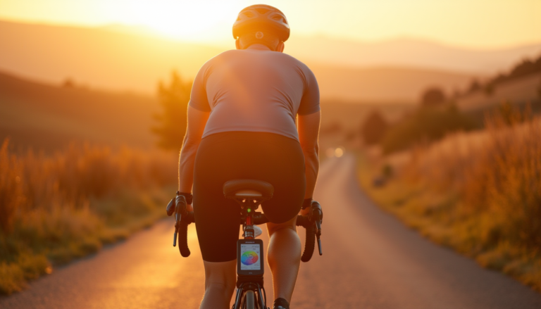 Coureur sur route rurale au golden hour avec hydratation et matériel