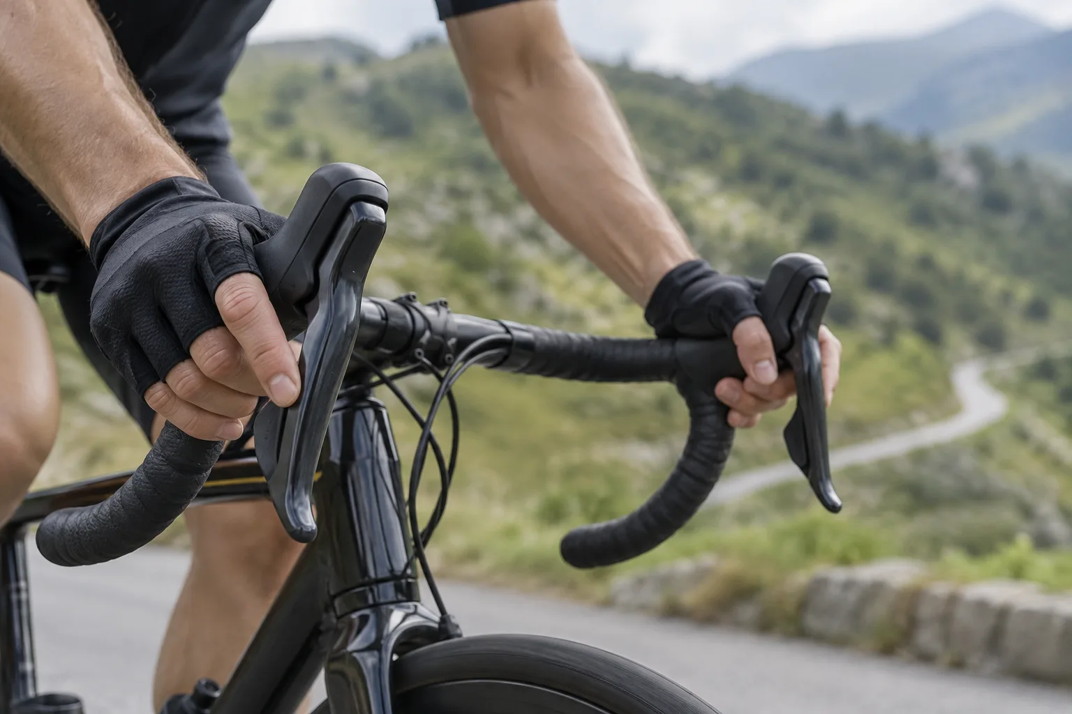 Mains gantées d’un cycliste actionnant les commandes de vitesses pendant une montée.