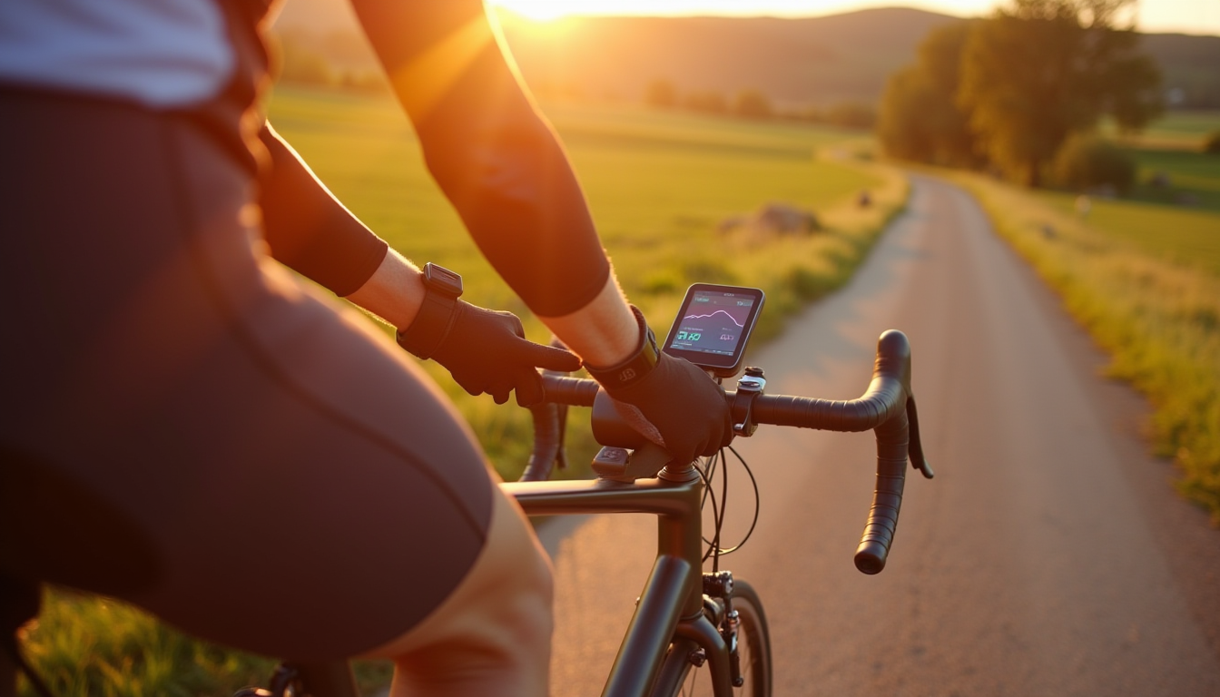 Cycliste sur route rurale, examinant des données sur un appareil pendant une longue sortie.