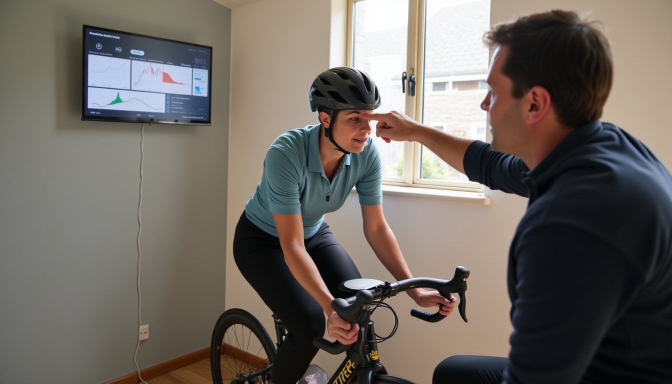 Séance d’ajustement vélo en atelier avec tablette affichant des graphiques abstraits