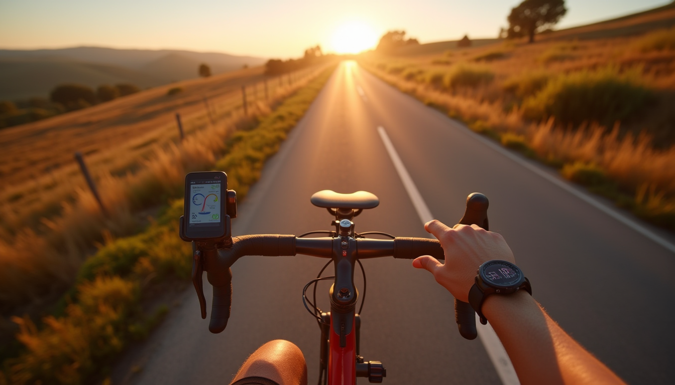 Coureur sur route vérifiant les données pour durer lors d’un long trajet.