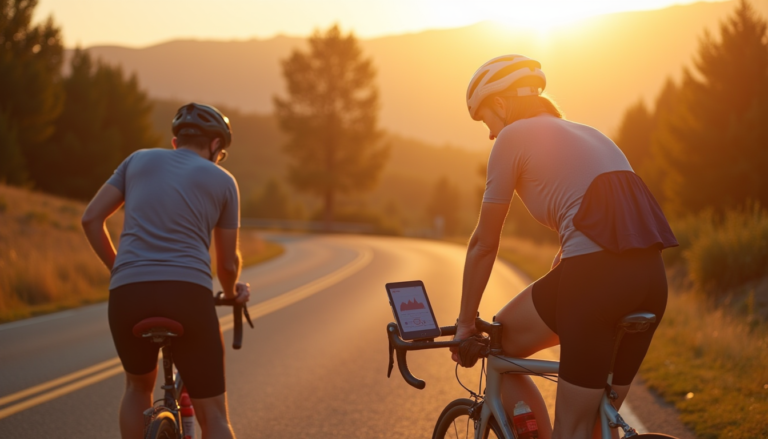 Cycliste sur route longue sortie regardant l'écran de guidon avec des graphes abstraits