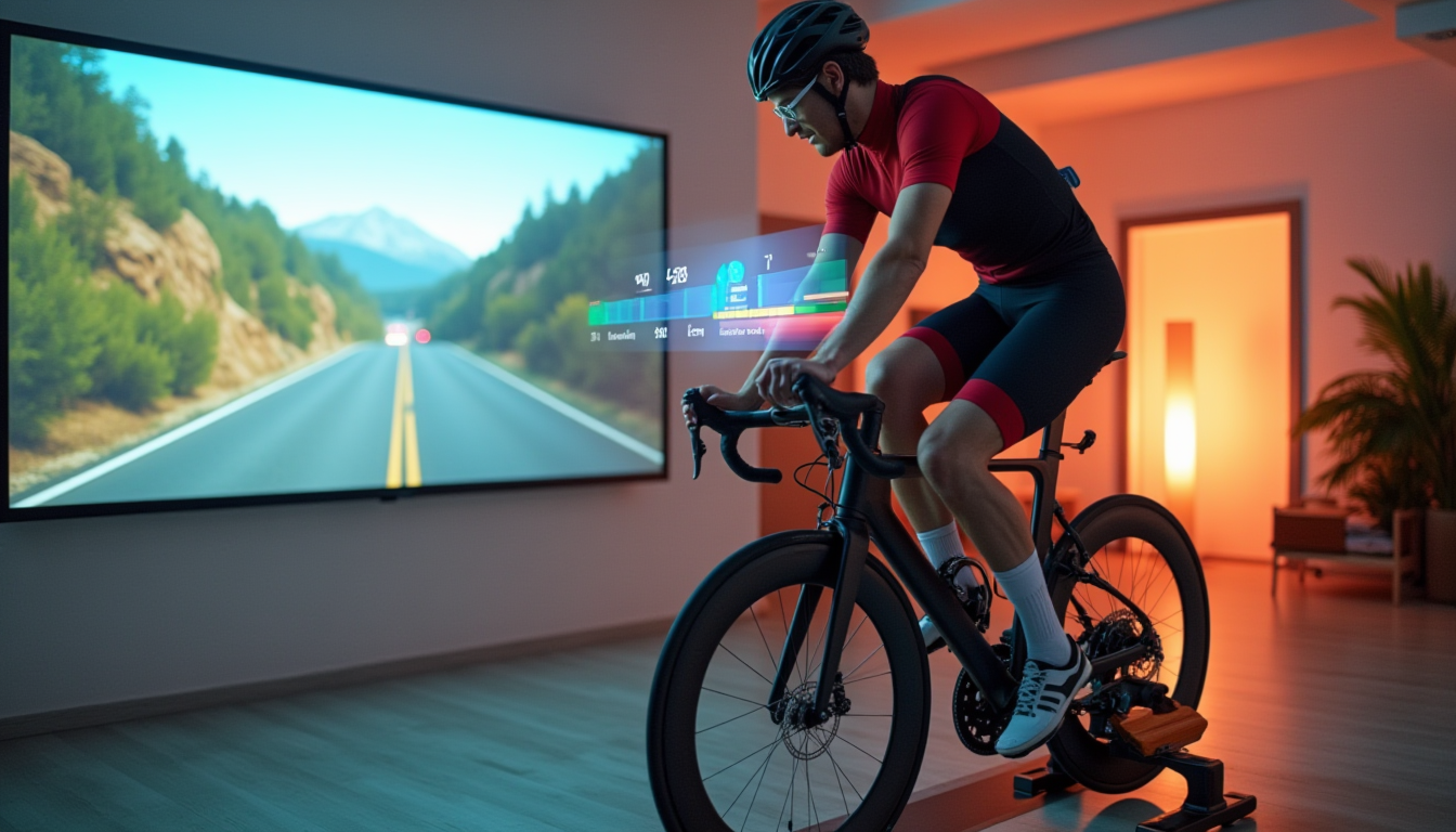 Cycliste intérieur sur trainer avec overlays de données abstraites