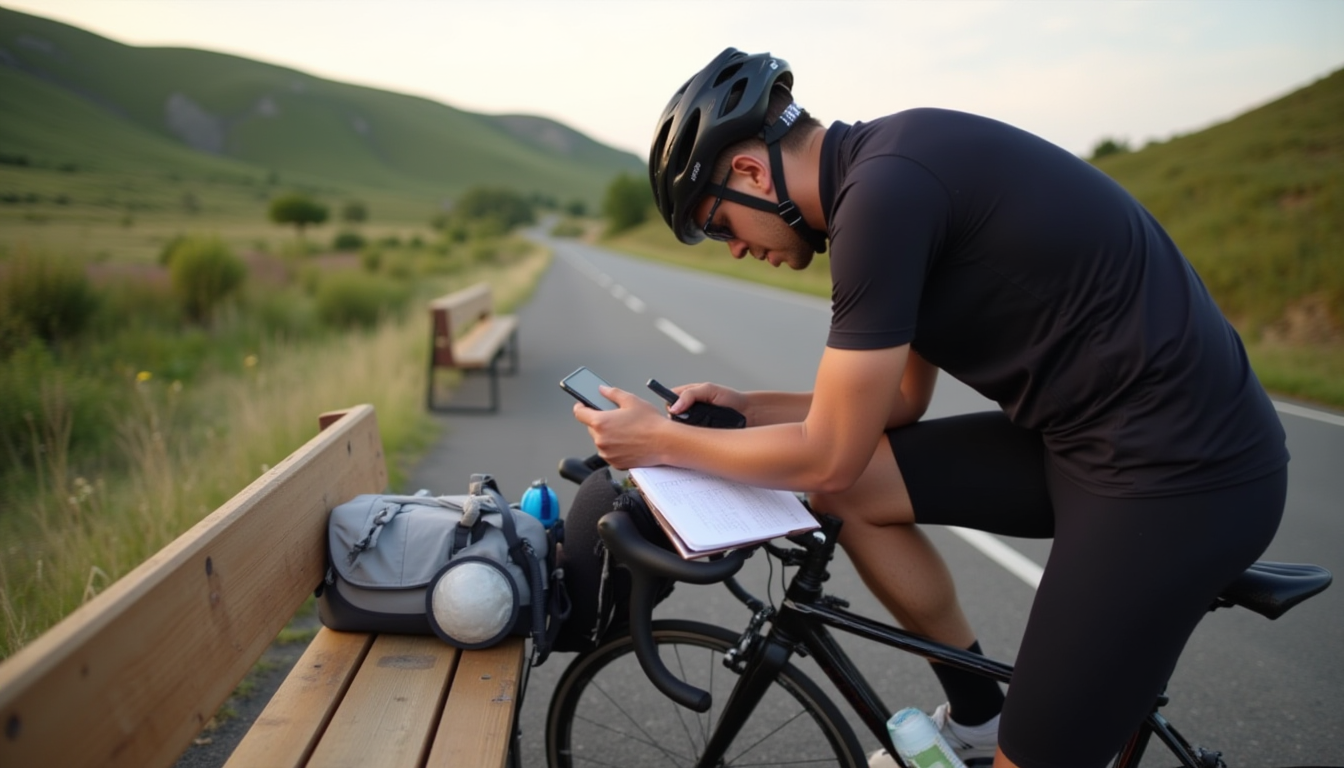 Cycliste en pause planifiant l'endurance avec carnet et smartphone
