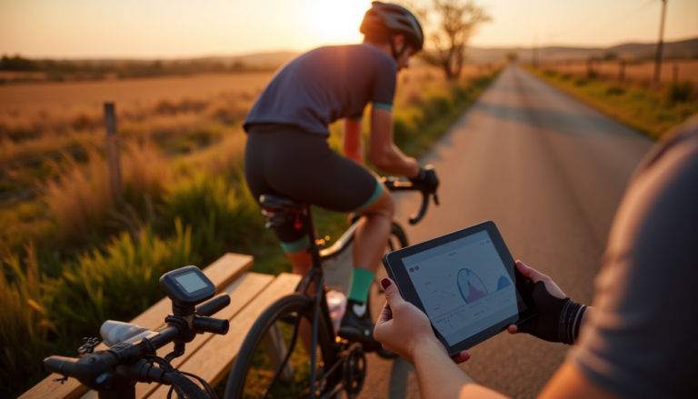 Cycliste en pause sur une route rurale analysant des données sur une tablette près du vélo