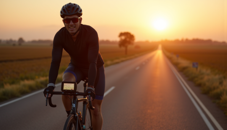 Cycliste sur route ouverte au matin, données et matériel visibles sans texte