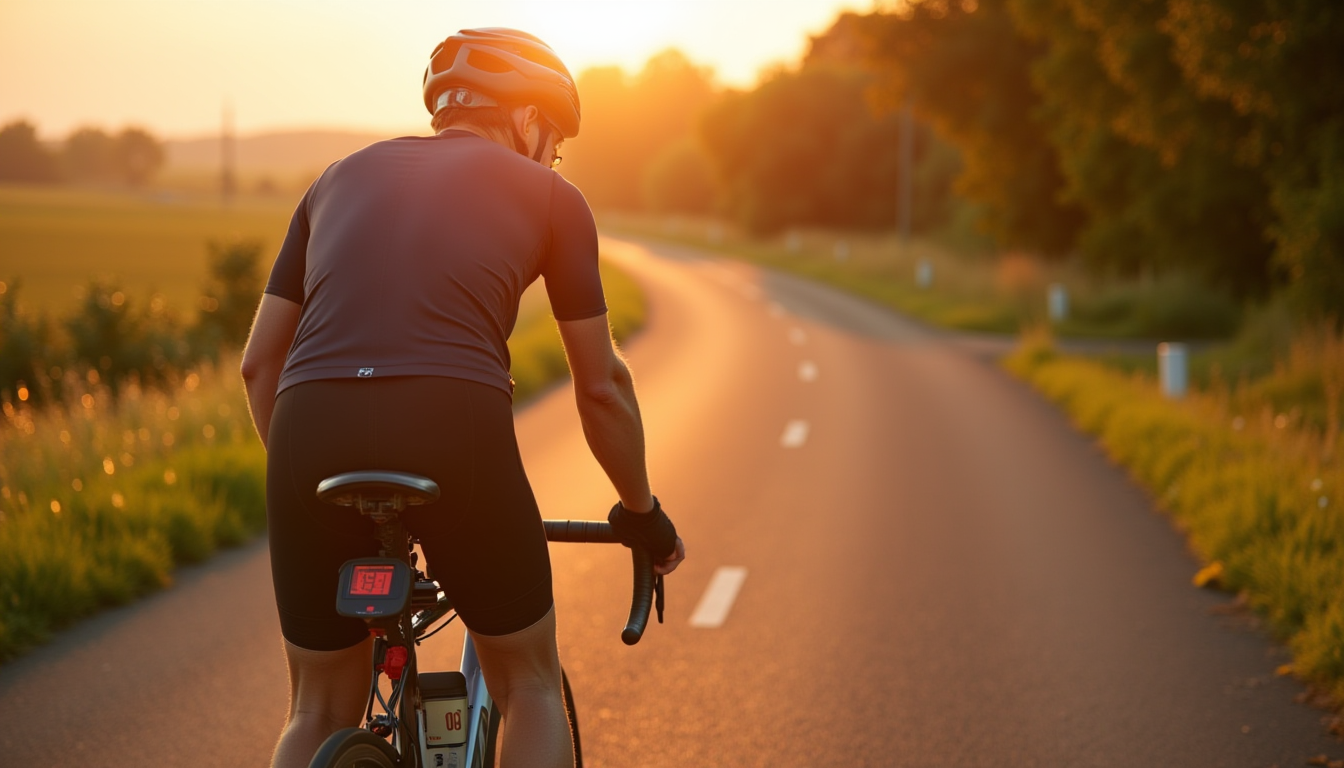 Cycliste sur route vérifiant les données et ajustant le matériel pour durer en sortie longue.
