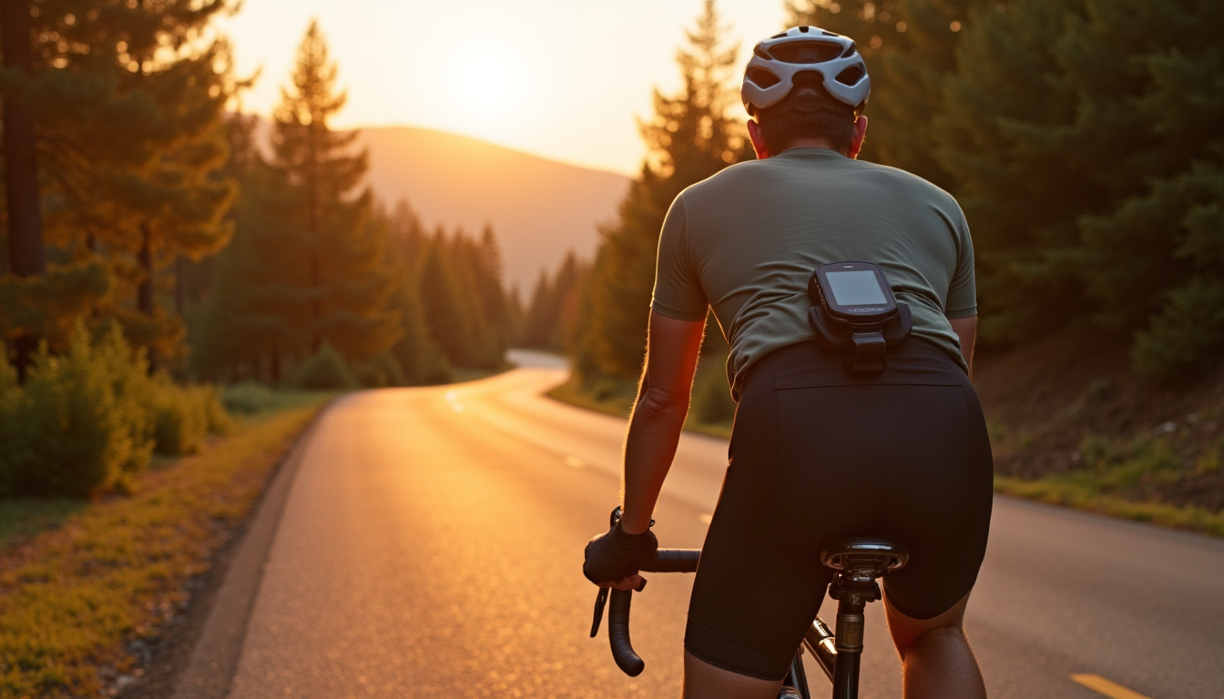 Coureur en montée sur route calme au coucher du soleil