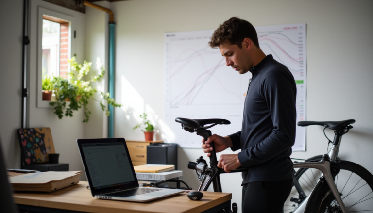 Cycliste en atelier ajuste l'équipement près d'un plan abstrait.