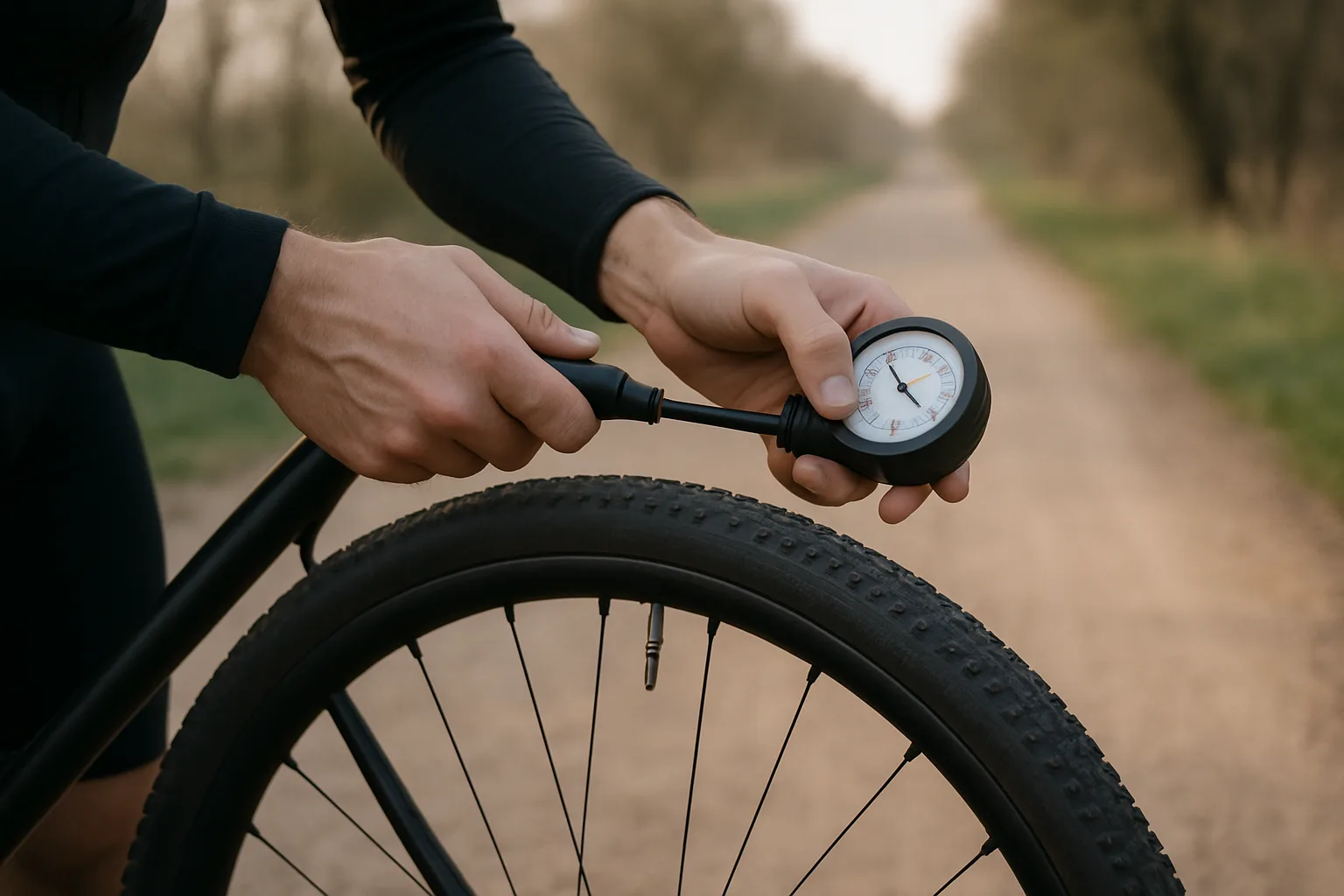 Un cycliste vérifie la pression du pneu arrière de son vélo avec un manomètre près d’un chemin.