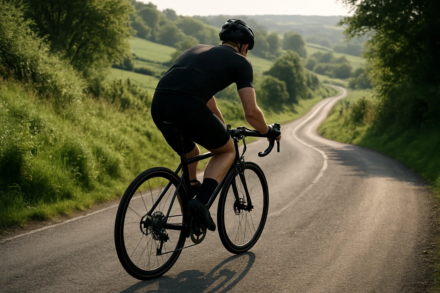 Un cycliste amateur monte une route vallonnée sur un vélo de route.