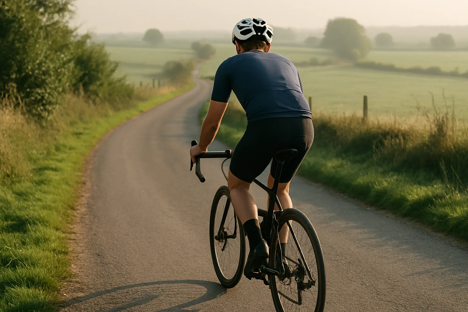 Un cycliste amateur gravit une courte côte sur une route de campagne.