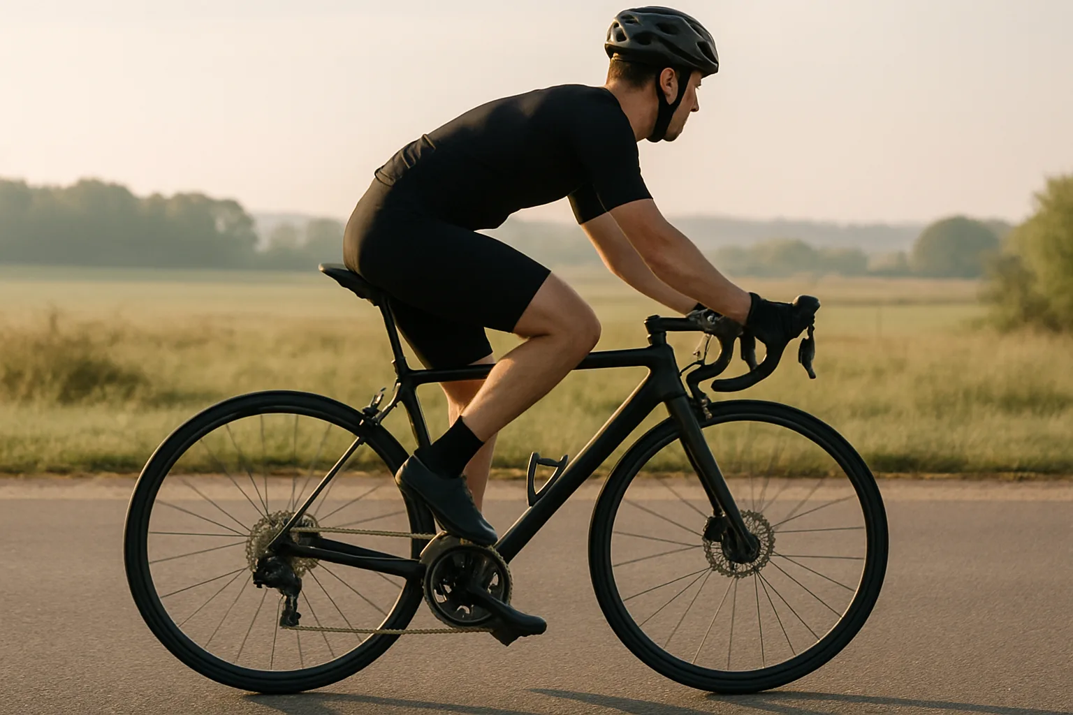 Cycliste amateur pédalant sur une route plate, avec le pédalier et les jambes en mouvement visibles.