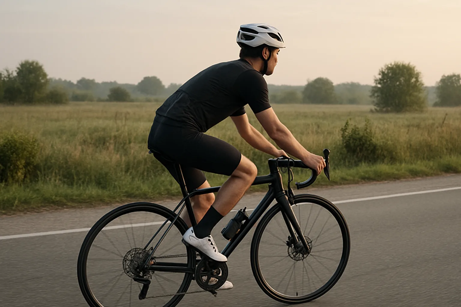 Un cycliste pédale tranquillement sur une route calme avant une séance d’entraînement.