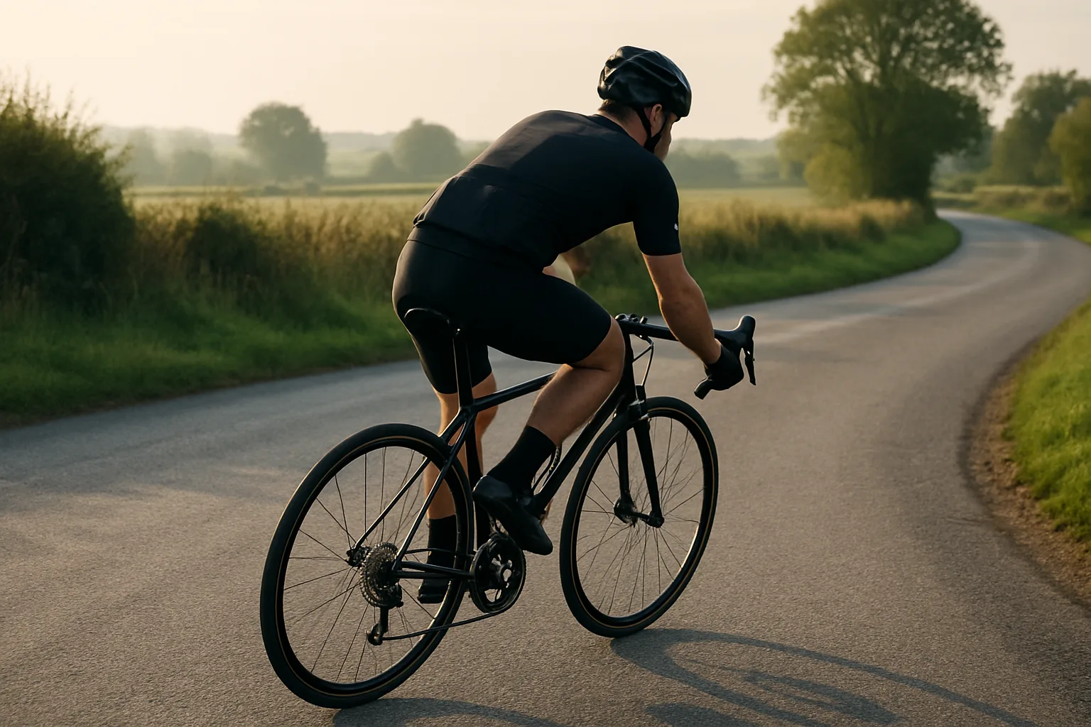 Cycliste amateur abordant un virage sur une route calme, le regard dirigé vers la sortie.